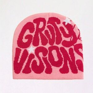 Beanie pink with dark pink lettering with web design